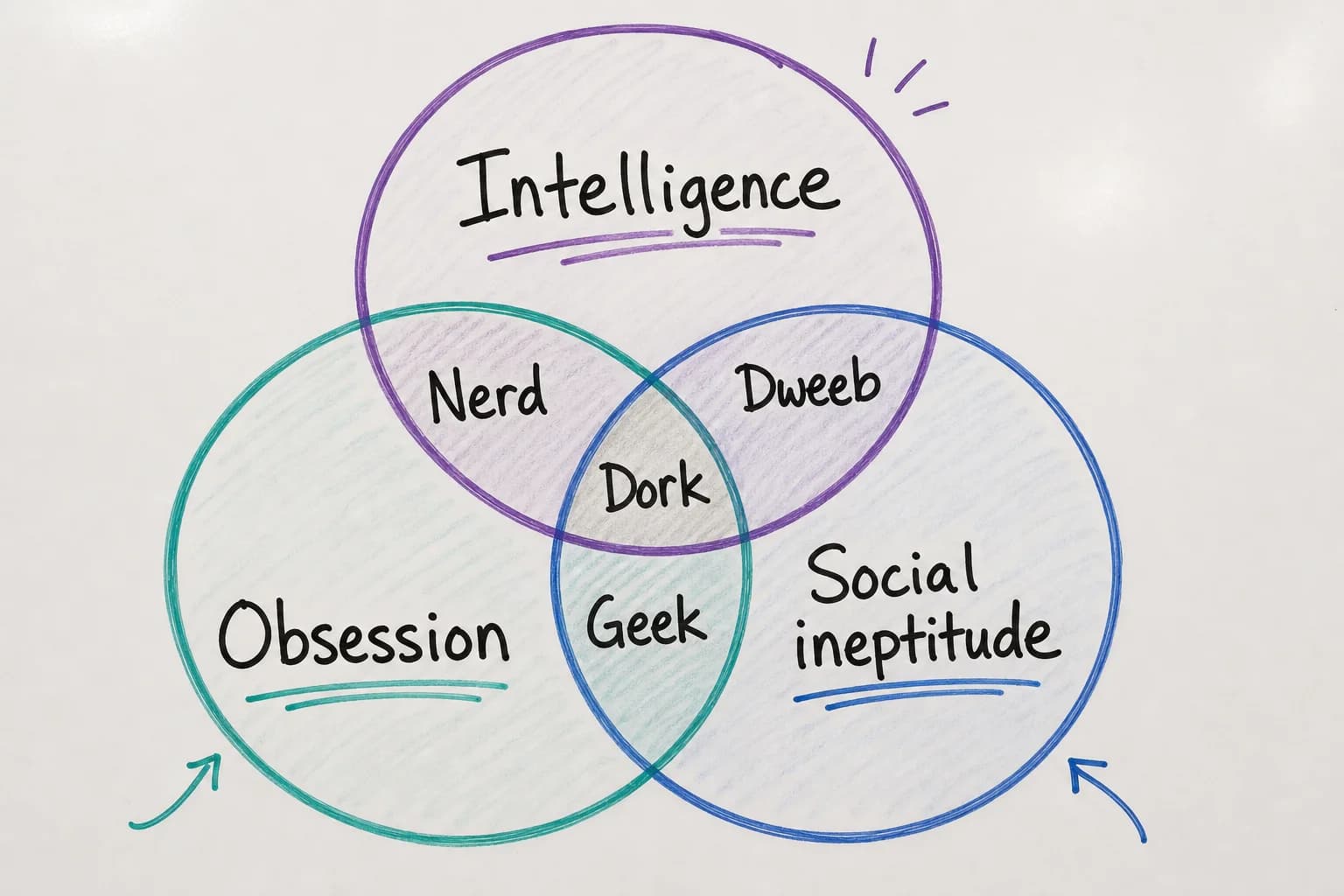 知性、執着、社交性を比較するNerd vs Geek vs DorkのVenn図