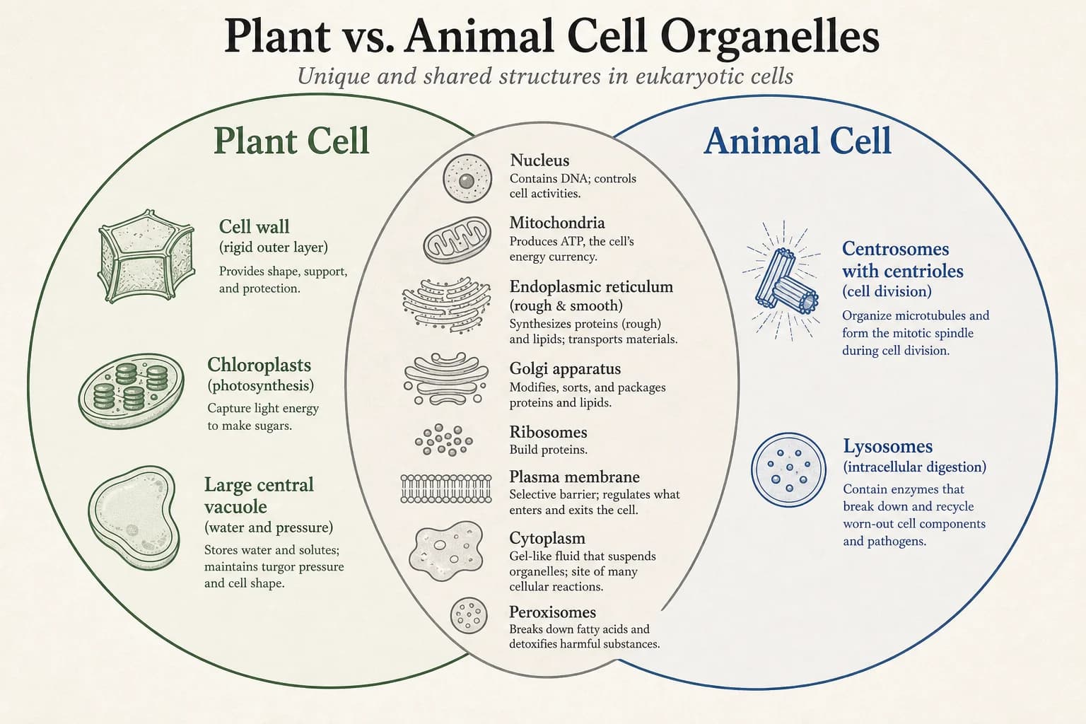 植物細胞と動物細胞のオルガネラを比較するVenn図